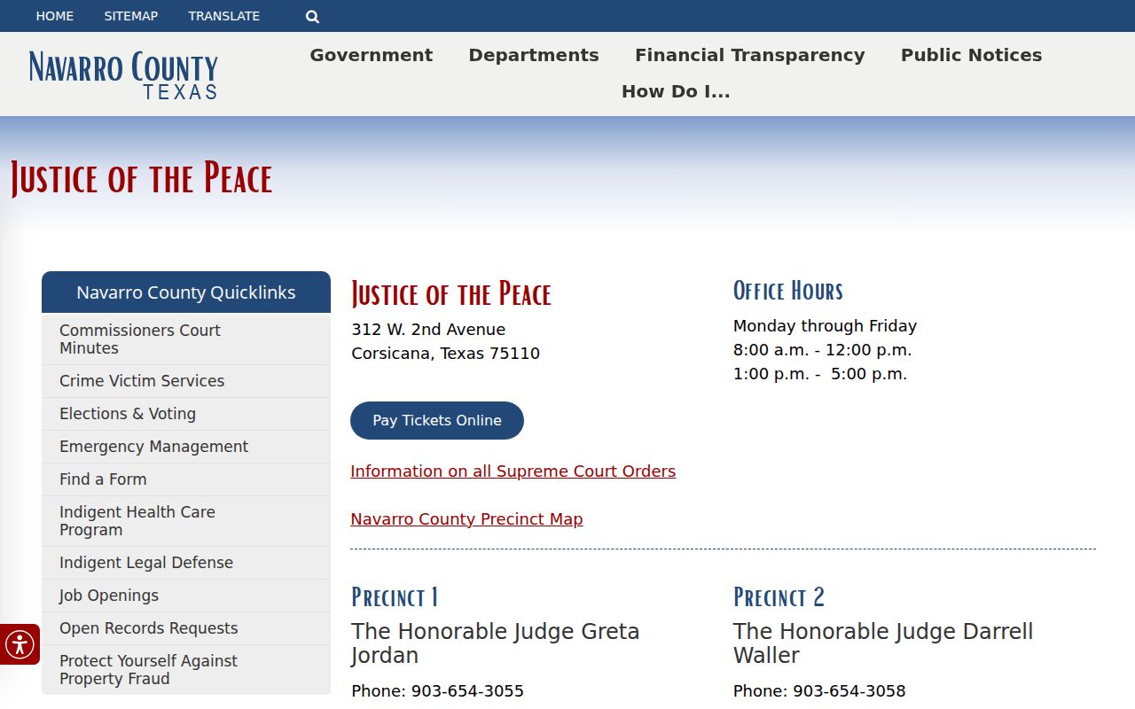 Four Navarro County Justice of the Peace precinct contacts for traffic warrant records