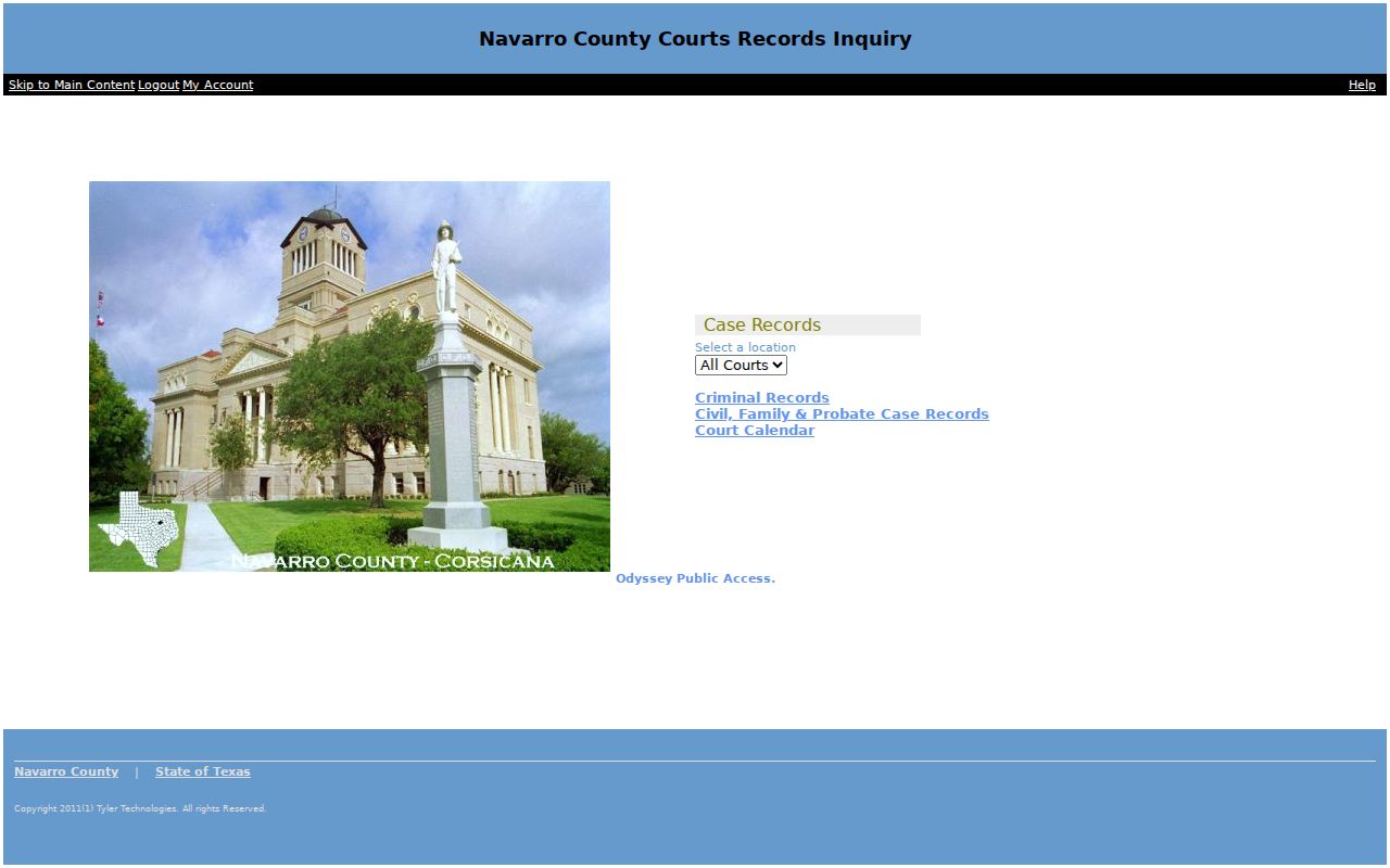 Navarro County court portal landing screen for warrant record research