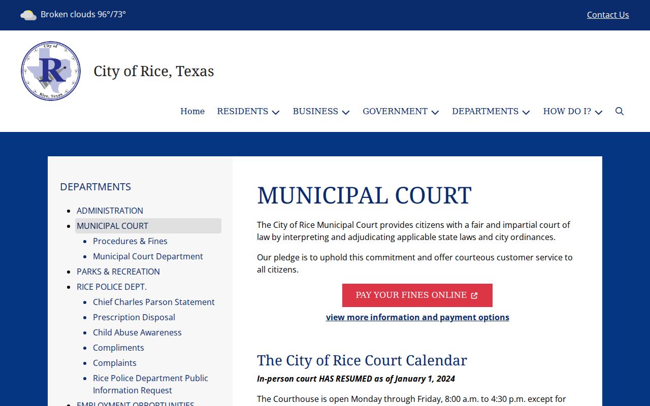 Rice Municipal Court contact and procedure page