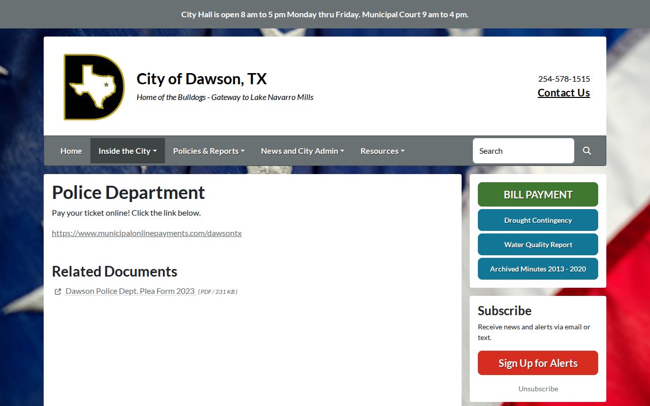 Dawson Police Department page linking municipal payment and plea information