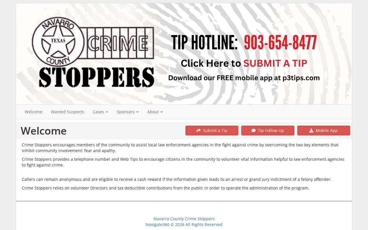 Navarro County Crime Stoppers anonymous tip and reward program page